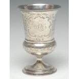 A William IV silver campana pedestal goblet, engraved with leafy strapwork and panels of flowers,