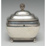 An early 19th century Dutch silver rounded rectangular tea caddy, acanthus bud finial,