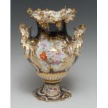 A Coalport Rococo style vase, painted with colourful summer flowers in relief moulded panel,