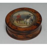 A Victorian circular scumbled snuff box, push-cover with an inset fox hunting scene,