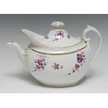 A Flight Barr and Barr boat shaped teapot and cover, painted with purple flowers, gilt line borders,