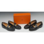 Luxury Fashion - a pair of Hermes lady's navy leather shoes, European size 13 1/2; another pair,