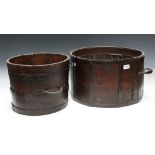 A Victorian steel-bound oak grain measure, carrying handles to sides, branded crowned VR 463, Co.