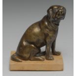 French School (19th century), a bronze, of a seated pug, rectangular marble base,