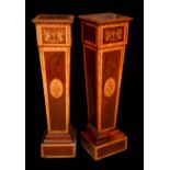 A near pair of Sheraton Revival mahogany, satinwood and marquetry statuary pedestals,