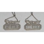 A pair of Chinese silver cut-out wine labels, Port and Sherry,