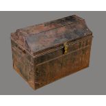 A George III tin mail coach travelling trunk, hinged lofty sarcophagus cover,