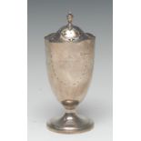 A silver neo-classical pedestal sugar caster, engraved with ribbon tied husk swags and tendrils,