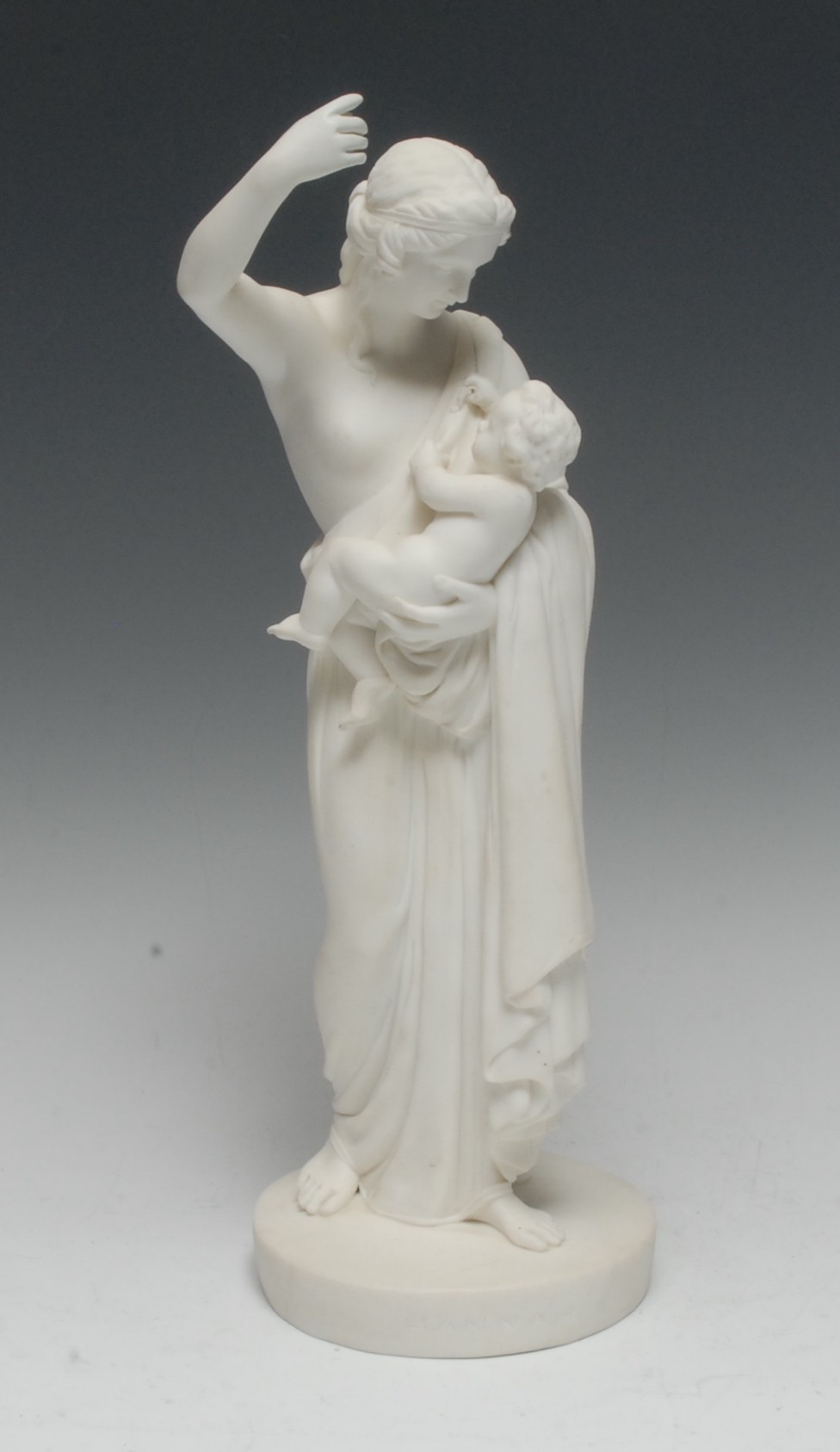 A 19th century Parian figure, sculptured by William Beattie, Hannah, standing holding a child,