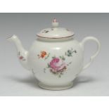 A Derby globular teapot and cover, painted with bouquet of peonies and other flowers,
