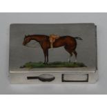 A Victorian silver rectangular match sleeve, enamelled with a race horse, 6cm wide,