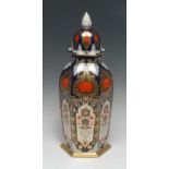 A Lynton Hamilton Imari hexagonal vase and cover, 33cm high,