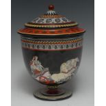 A Copeland Etruscan Revival urn and cover, painted with Classical figures in a chariot,