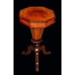 A Victorian walnut octagonal trumpet shaped work table, hinged top enclosing a fitted interior,