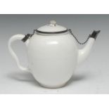 A Mennecy-Villeroy Blanc de Chine silver-mounted ovoid teapot and cover, quite plain,