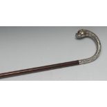 An Edwardian silver mounted novelty walking stick, the curved handle as the head of a bulldog,