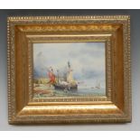 A English Porcelain rectangular plaque, painted by Stefan Nowacki, with sailing boat beached,