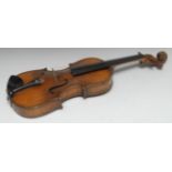 A violin, the two-piece back 36cm long excluding button, paper Stradivarius label,