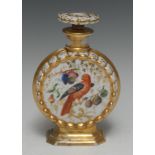 A Continental porcelain scent bottle, painted with parrot and fruit, the verso with flowers,