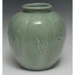 A Chinese celadon glazed ovoid vase, in relief with eight panels each with elders,