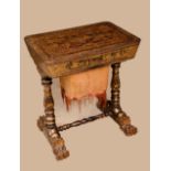A Chinese export-lacquer rounded rectangular work table, hinged top enclosing a fitted interior,