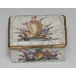 A George III South Staffordshire enamel rectangular table snuff box, painted with triumphal regalia,