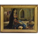 Orientalist School A Lady at Her Loom, seated within a Moorish courtyard oil on board,