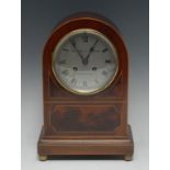 An English George V mahogany and box inlaid mantel clock, arched top,