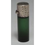A late 19th century silver-mounted green glass cylinder scent bottle,