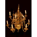 A William and Mary style brass twelve light electrolier, scroll branches,