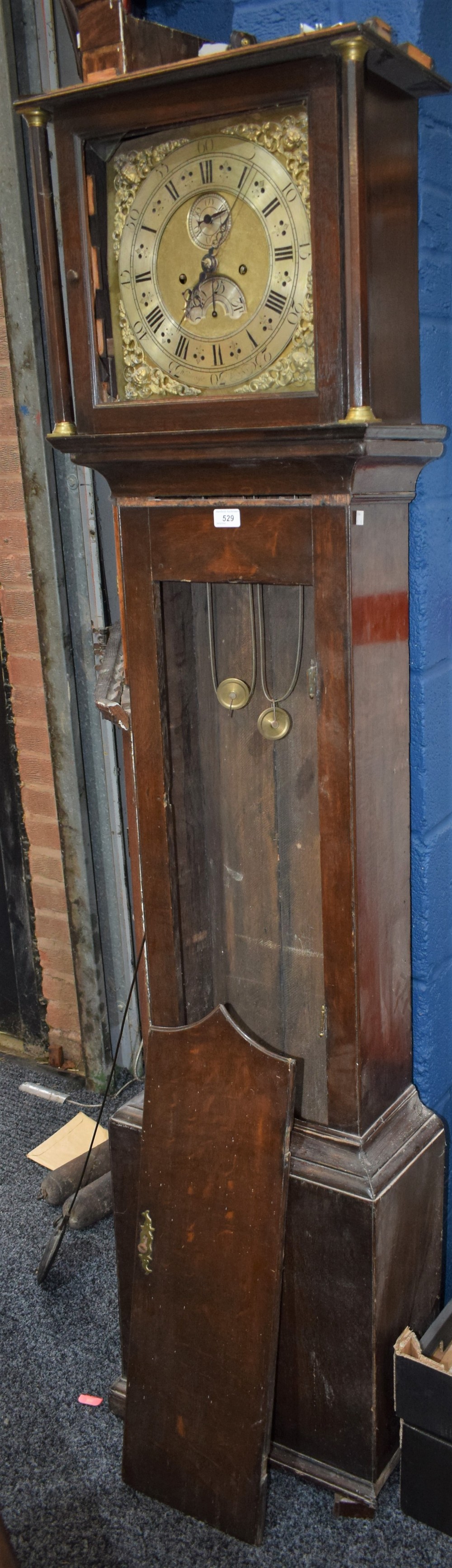 A George III oak longcase clock, for restoration, the chapter ring inscribed Wainwright,