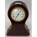 An Edwardian inlaid mahogany balloon time piece, cream dial, Roman numerals, brass ball feet,