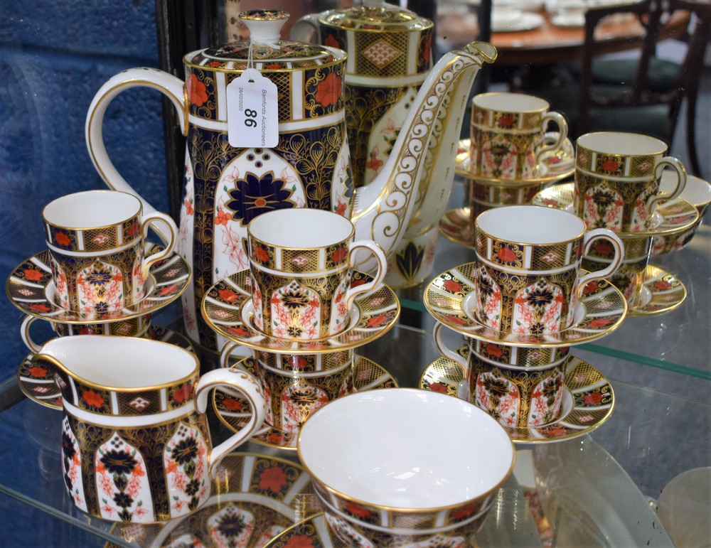 A Royal Crown Derby 1128 pattern coffee set for six, comprising coffee pot, cream jug, sugar bowl,