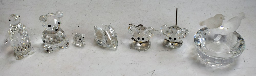A Swarovski Crystal bear; others, similar, including penguin, mouse, bird bath, pig, etc,