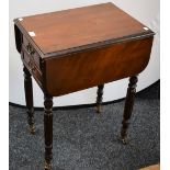 A George III design work table, rectangular top with fall leaves above a pair of frieze drawers,