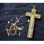 A brass reliquary cross pendant, the front relief cast with Christ above a Saint,