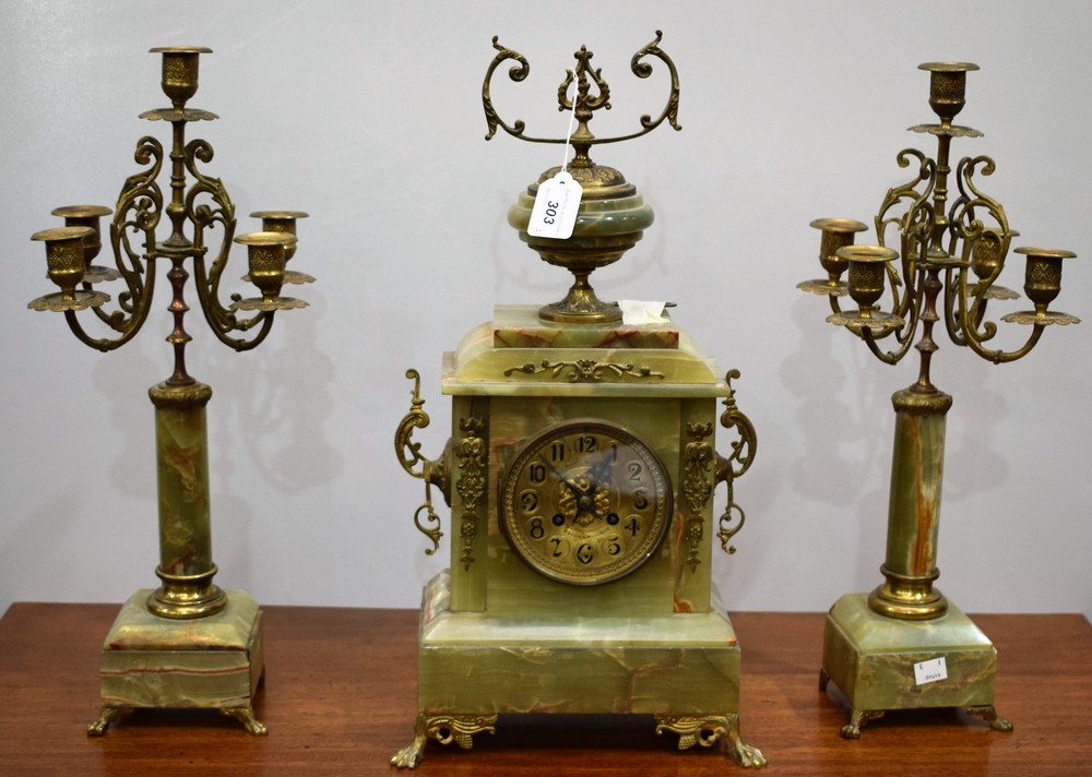 An onyx Meyer and Levy clock garniture
