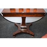 A William IV mahogany tea table, hinged rectangular top, Gu-form column, incurve rectangular base,