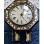 A rosewood octagonal brass and abalone shell inlaid wall clock, white painted dial, Roman numerals,