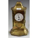 A late 19th century French brass mantel time piece, architectural cast case, white enamel dial,