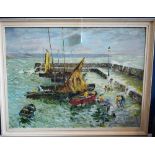 W Snow Fishermen Returning to Harbour signed, oil on board,