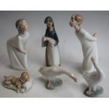 A Lladro figure, Girl With Pig; others, Kissing Boy And Girl, geese,