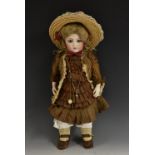 A Bru Brevette Bebe, bisque swivel head on separate shoulder plate, pale blue threaded eyes,