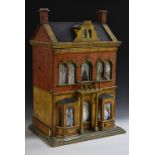 A 19th century German double fronted dolls' house, lithographed paper on wood, three storey,