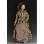 A Ferdinand Gautier bisque head doll, Lady of Fashion, with blue open eyes, closed mouth, ears,