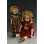 A German bisque head doll, fixed blue eyes, open mouth two upper teeth, blonde wig, red dress,