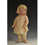 A Armand Marseille bisque head character doll, Fany, sleeping blue eyes, pouty mouth,