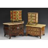 A miniature French bombe chest of drawers, marble top; another similar,