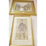 A military gentleman, coloured sketch; S Davis, a Derbyshire River, signed,