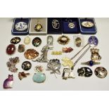 Costume jewellery - various enamel brooches; two Aynsley brooches; leaf pendants, etc.